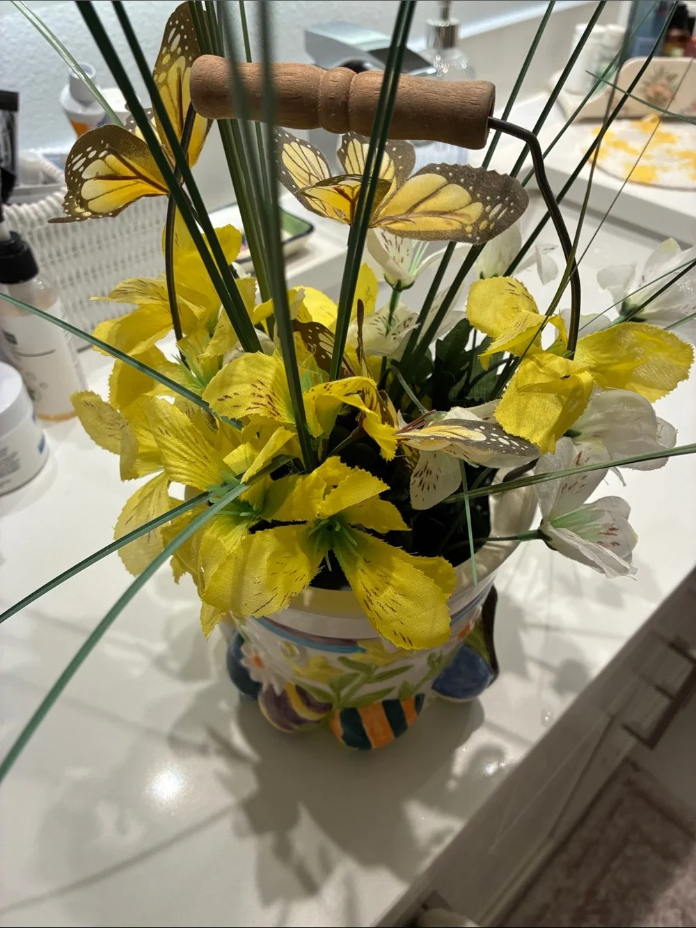 Hand-Crafted Floral Ceramic Vase with Yellow Silk Flowers
